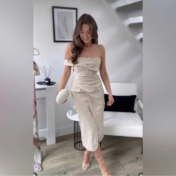 New Zara $119 Asymmetrical Slip Taupe Brown Midi Pencil Dress Small 3265/332 - Picture 5 of 13